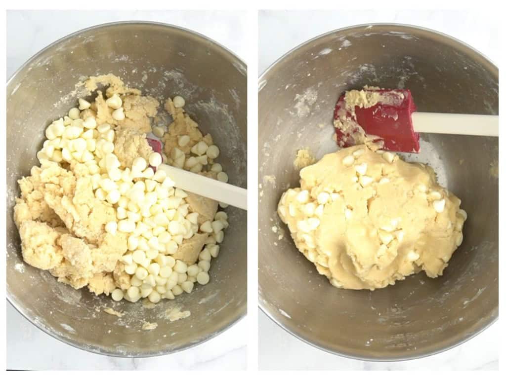 Adding white chocolate chips to cookie dough then fold to combine