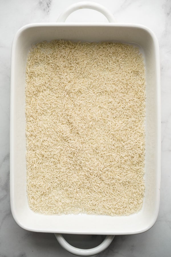 Rectangular casserole dish filled with rice