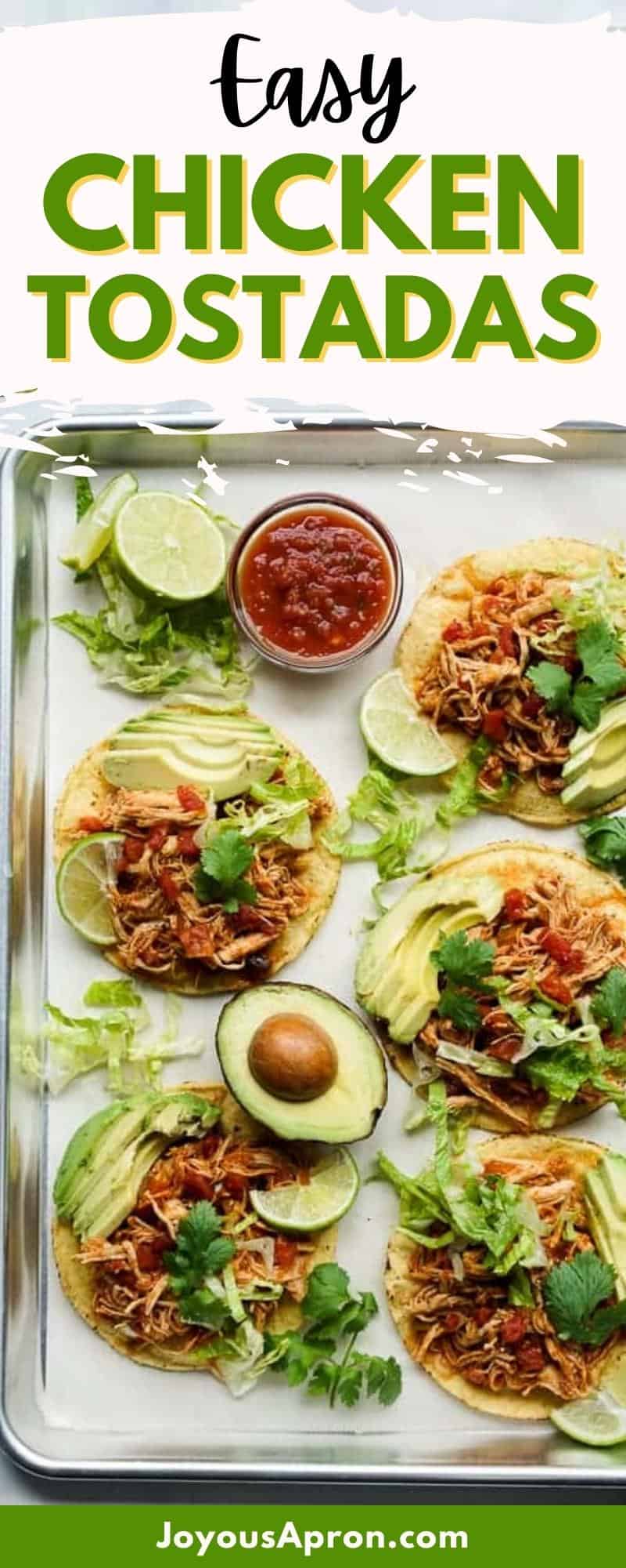 Chipotle Chicken Tostadas - An easy Mexican and Tex-Mex recipe, ready under 20 minutes! Crispy tostadas topped with flavorful shredded chipotle chicken, sliced avocados, cilantro, lettuce and a wedge of lime. via @joyousapron