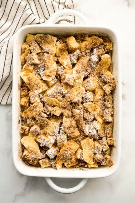 Baked Apple French Toast Casserole in a rectangular dish