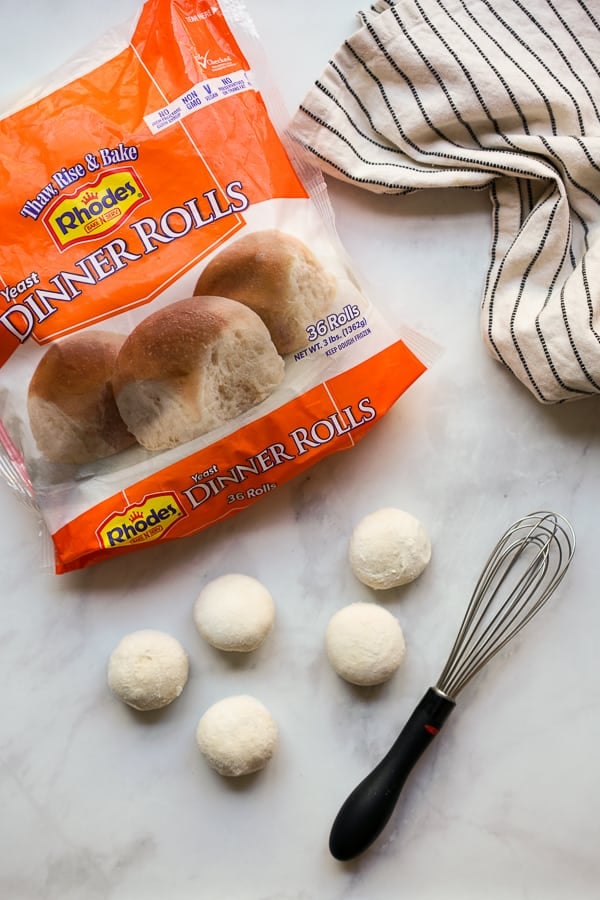 A bag of Rhodes' rolls with a few frozen dough