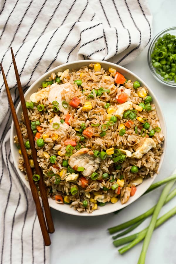 Top down view of Easy Chicken Fried Rice in a bowl