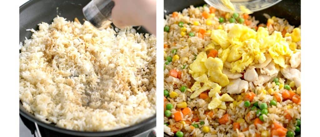 Cooking rice on the left on a skillet, and adding eggs, chicken and vegetables to rice on the right
