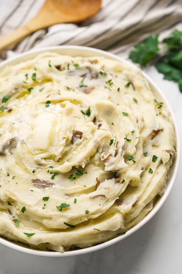 Closeup view of a bowl of mashed potatoes made with an Instant Pot