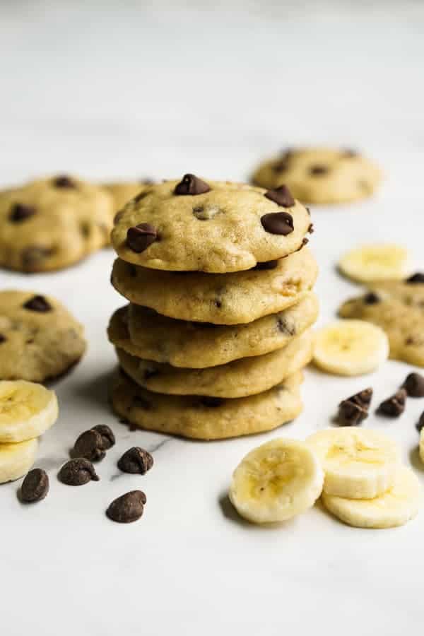 A stack of banana cookies loaded with chocolate chips