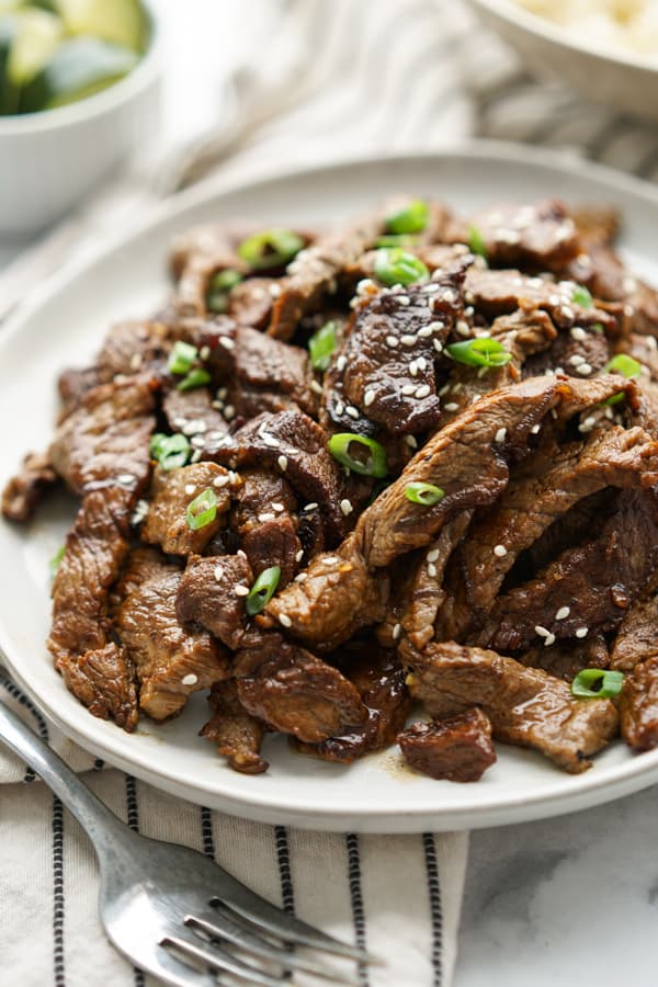 Close up of a plate of Bulgogi Korean BBQ Beef