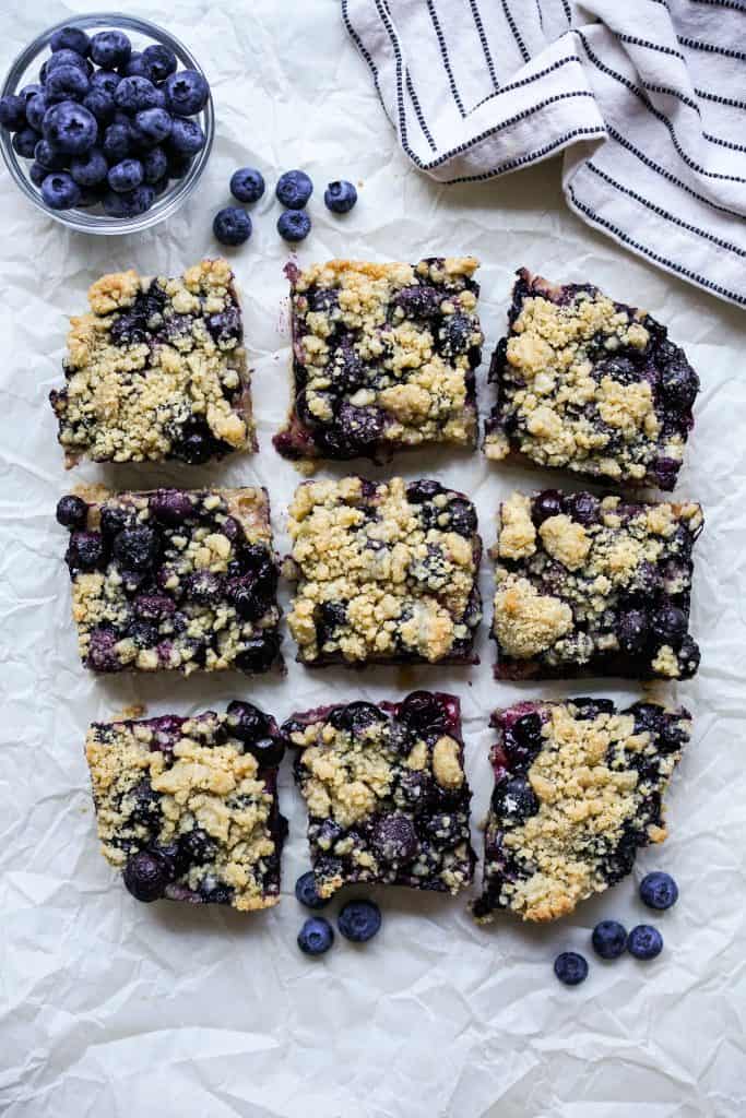Top down view of Blueberry Crumb Bars 