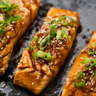 Close up of Teriyaki Glazed Salmon on skillet