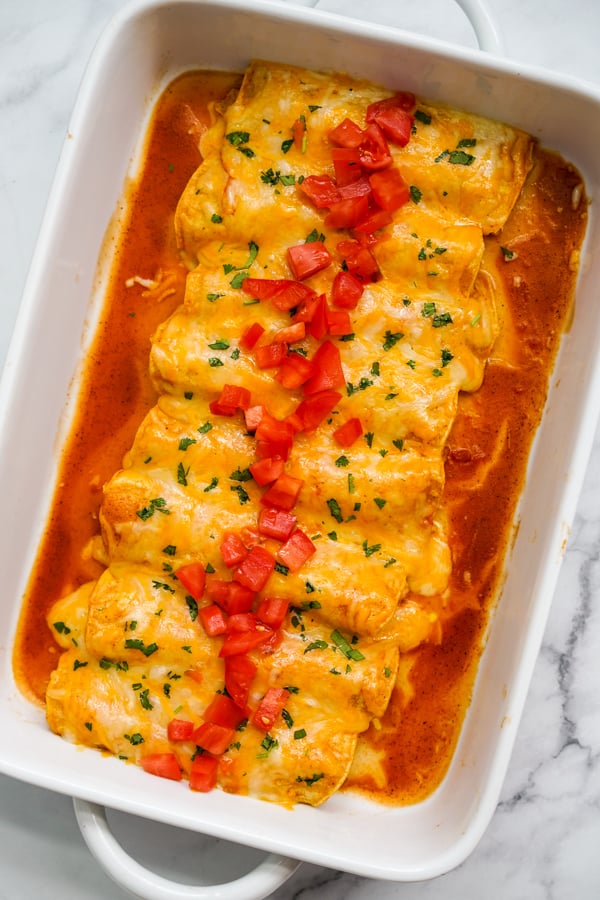 A rectangular casserole of Instant Pot Chicken Enchilada