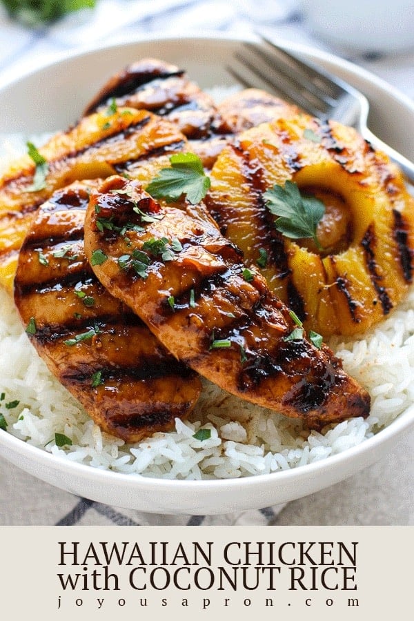 Hawaiian Chicken with Coconut Rice - also called Huli Huli Chicken, an easy and healthy tropical rice bowl dinner! Grilled or pan-fried chicken tenders marinated in soy and pineapple juice, combined with coconut rice and grilled fresh pineapple. Perfect for leftovers or meal prep. via @joyousapron