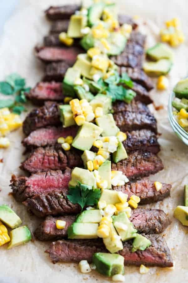 Marinated Flank Steak with Avocado Corn Topping