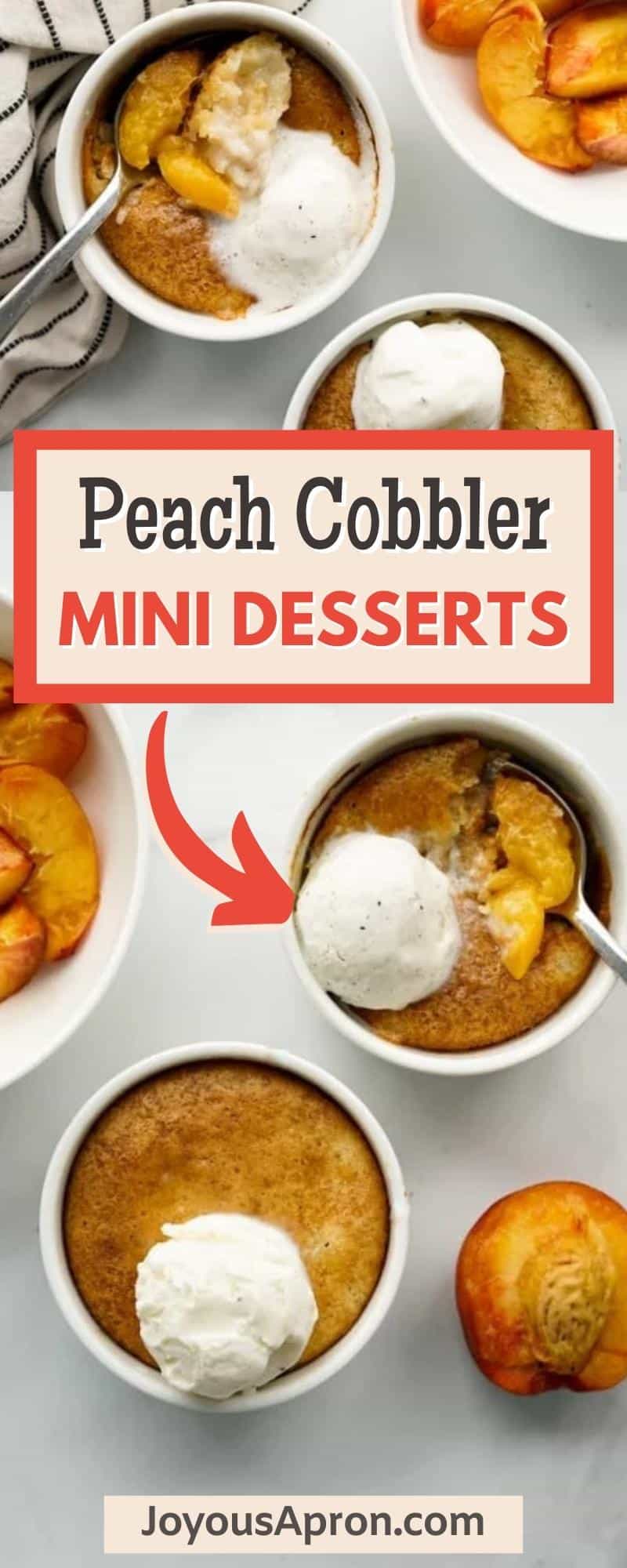 Individual Mini Peach Cobbler - juicy peaches topped with a caramelized cake topping and served with vanilla ice cream. A delicious light dessert made in a small ramekin for an individual serving! via @joyousapron