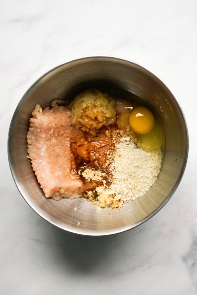 Ground chicken, panko breadcrumbs, egg, crushed pineapple in a large mixing bowl