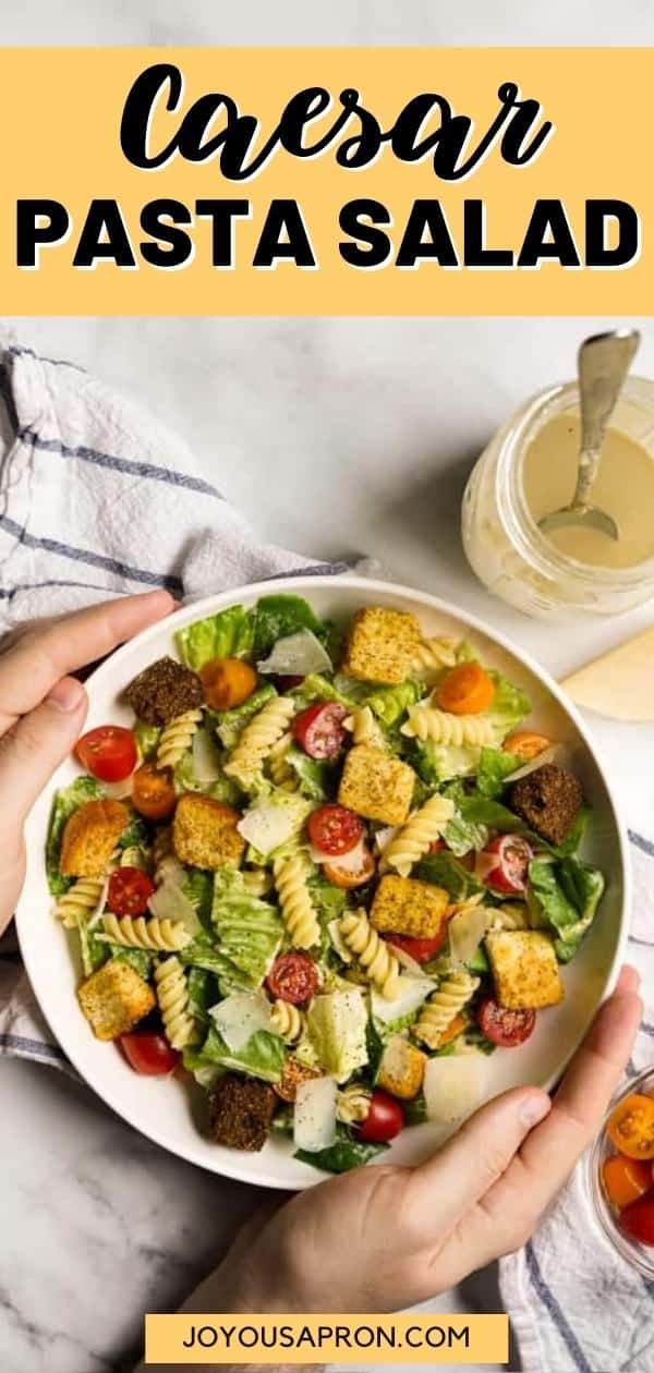 Caesar Pasta Salad - healthy delicious and easy pasta salad recipe! Romaine lettuce, pasta, tomatoes, parmesan cheese and croutons tossed in a homemade caesar dressing. A yummy summer side dish for bbq, cookouts, dinners and more! via @joyousapron