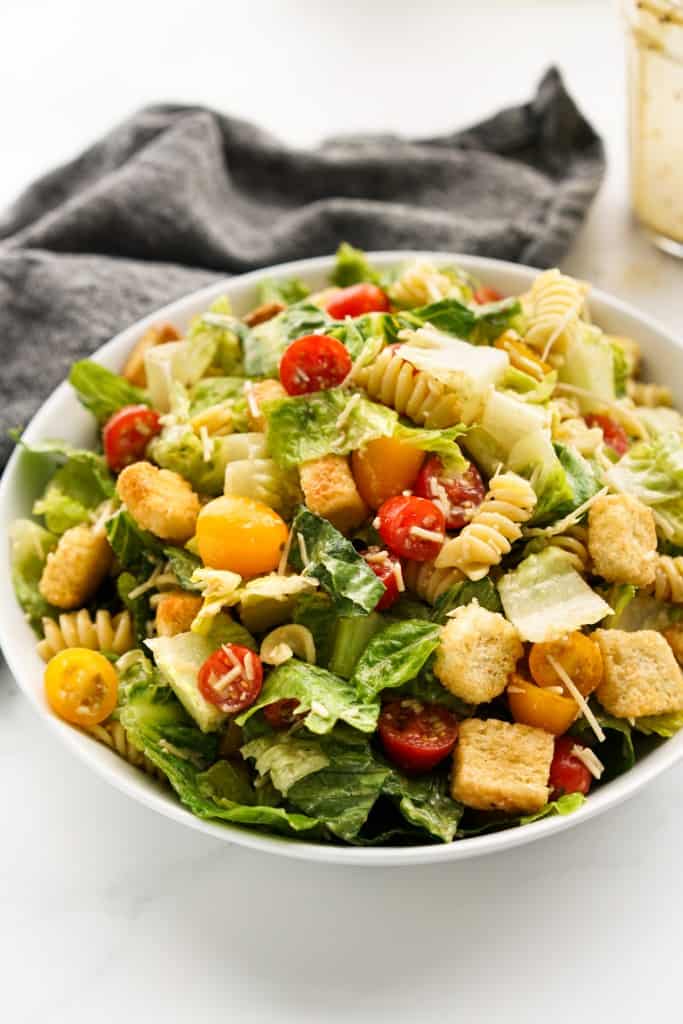 A bowl of caesar pasta salad