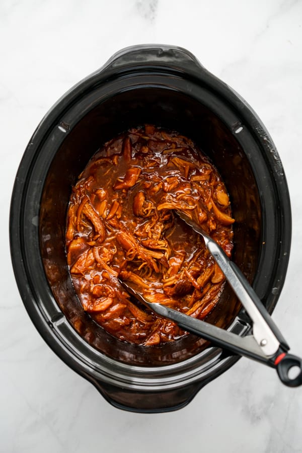 shredded BBQ chicken in the slow cooker