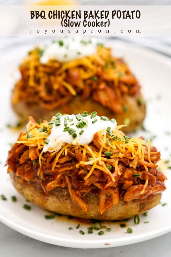 BBQ Chicken Baked Potato - Oven baked russet potatoes topped with slow cooker shredded BBQ chicken, cheddar cheese, sour cream and chives. A quick and easy lunch or dinner! Great for meal prep as well. via @joyousapron