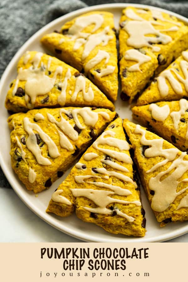 Pumpkin Chocolate Chip Scones - moist and crumbly pumpkin scones filled with chocolate chips and topped with a sweet maple glaze. The perfect Fall pastry! via @joyousapron