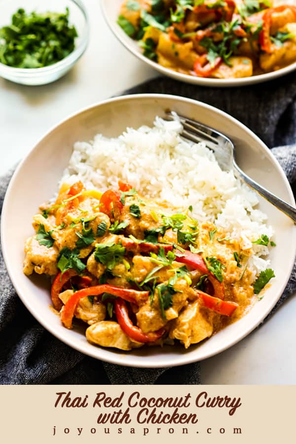 Thai Red Coconut Curry - authentic creamy Thai curry loaded with chicken, bell peppers, bamboo shoots, and zucchini, and garnished with cilantro. Easy Asian dinner that takes only 30 minutes to make and is incredibly flavorful and tasty! via @joyousapron
