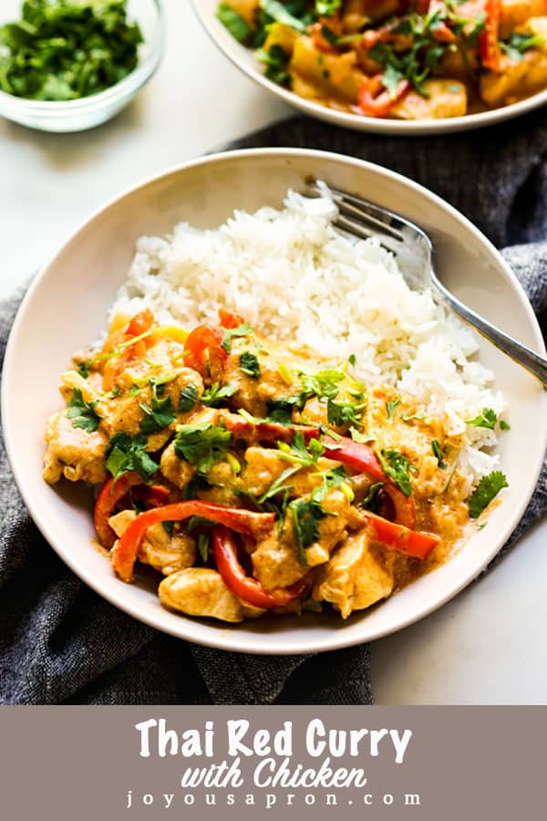 Thai Red Coconut Curry - authentic creamy Thai curry loaded with chicken, bell peppers, bamboo shoots, and zucchini, and garnished with cilantro. Easy Asian dinner that takes only 30 minutes to make and is incredibly flavorful and tasty! via @joyousapron