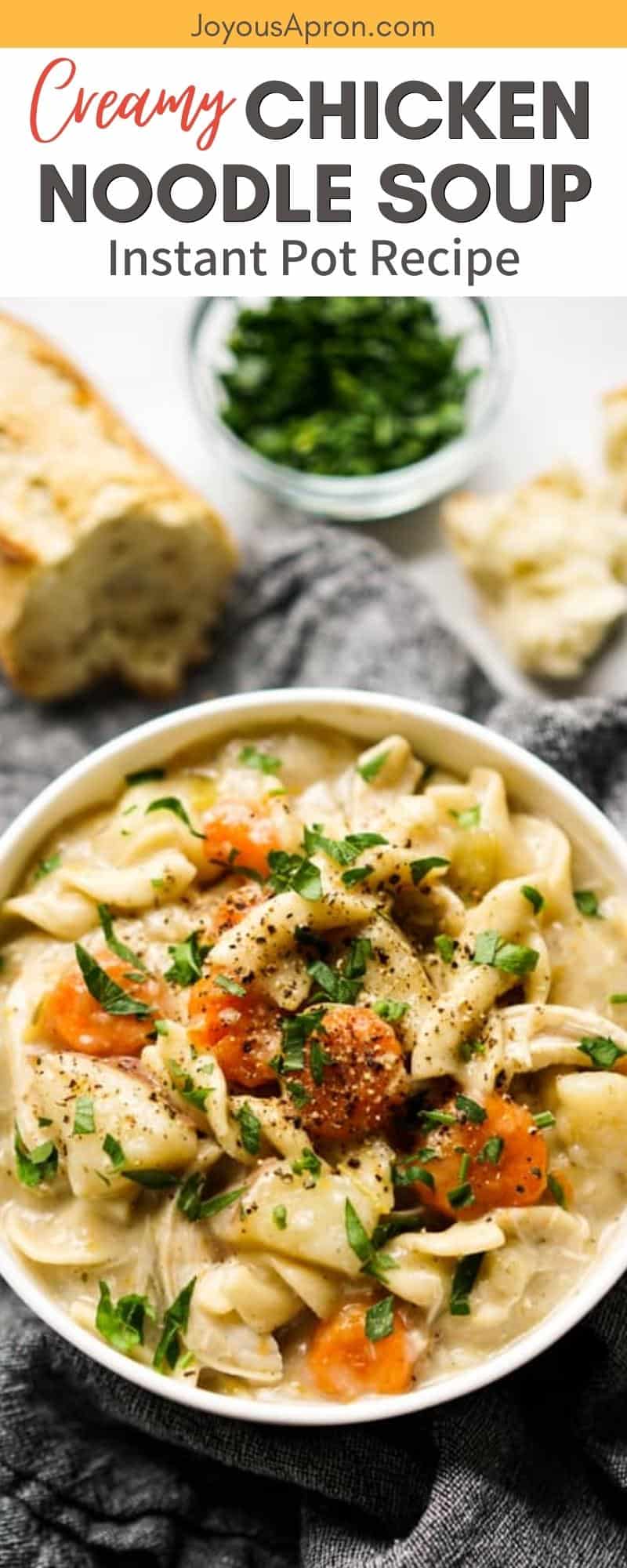 Instant Pot Creamy Chicken Noodle Soup - chicken breast, egg noodles, potatoes, carrots, and celery combined with delicious herbs and spices in a creamy flavorful chicken broth. The classic comfort food that is kid-friendly! via @joyousapron