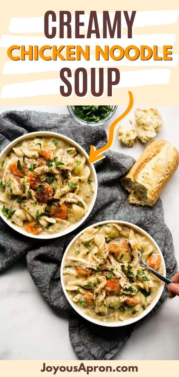 Instant Pot Creamy Chicken Noodle Soup - chicken breast, egg noodles, potatoes, carrots, and celery combined with delicious herbs and spices in a creamy flavorful chicken broth. The classic comfort food that is kid-friendly! via @joyousapron