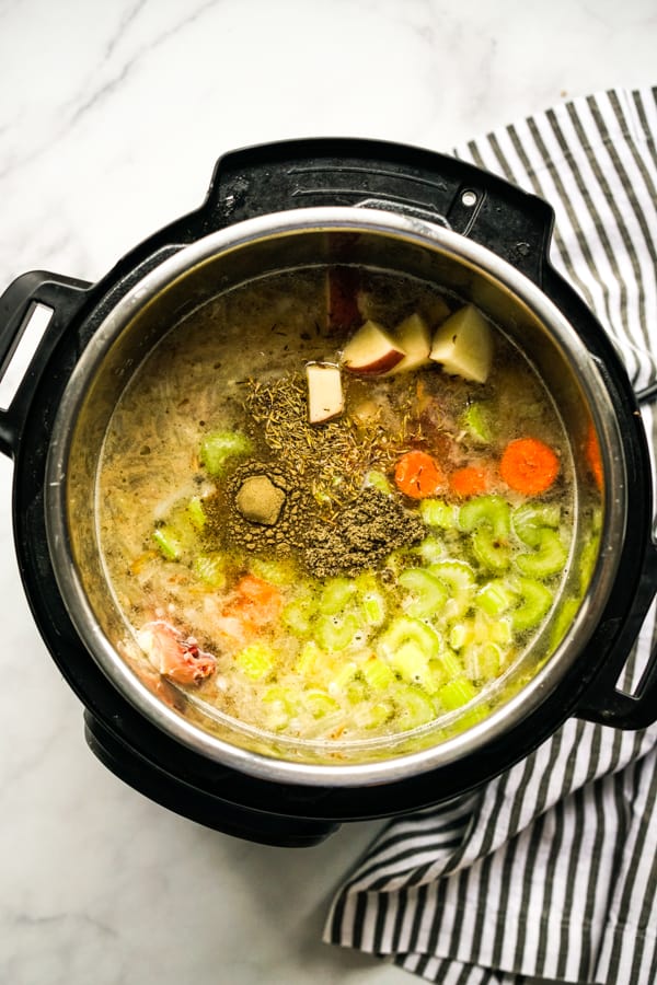 Chicken broth, chicken, carrots, celery and herbs in the Instant Pot