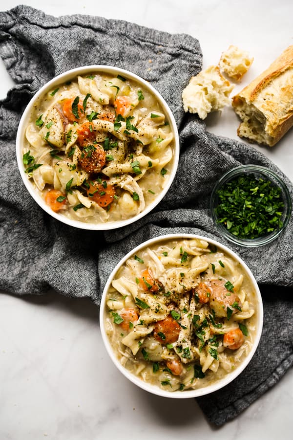 Two bowls of Creamy Chicken Noodle Soup