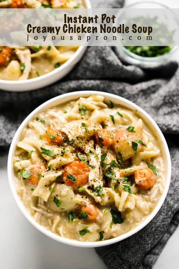 Instant Pot Creamy Chicken Noodle Soup - chicken breast, egg noodles, potatoes, carrots, and celery combined with delicious herbs and spices in a creamy flavorful chicken broth. The classic comfort food that is kid-friendly! via @joyousapron