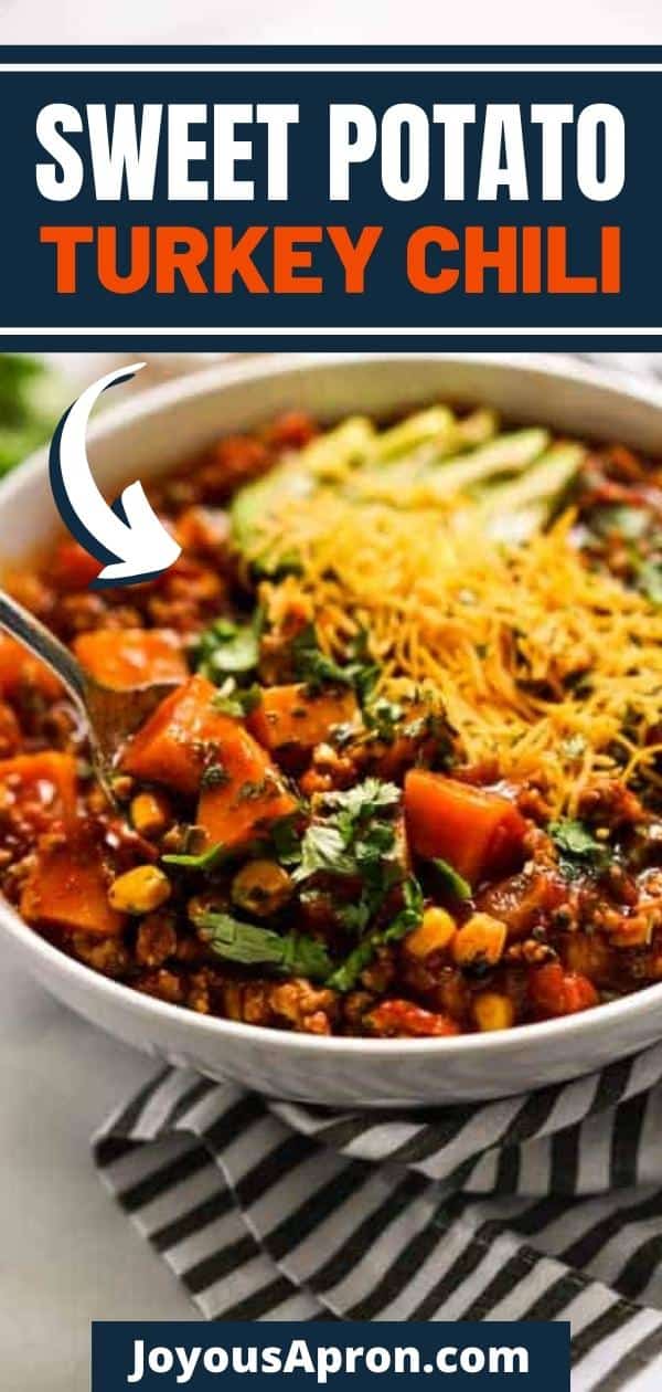 Turkey Sweet Potato Chili - 30-minute delicious and healthy sweet potato chili recipe! Ground turkey, sweet potatoes, tomatoes cooked in a delicious thick hearty broth. A cozy and comforting one-pot Fall recipe! via @joyousapron