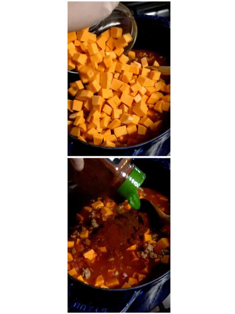 Adding cubed sweet potatoes to the pot, and then adding spices
