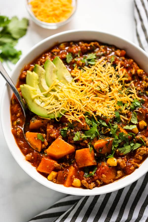 Close up of turkey sweet potato chili with no beans