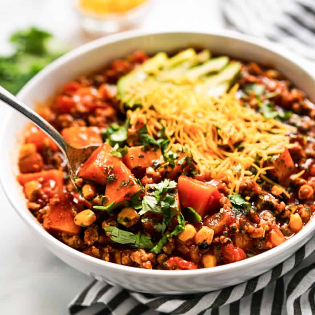 A bowl of sweet potato turkey chili