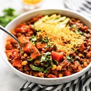 A bowl of sweet potato turkey chili