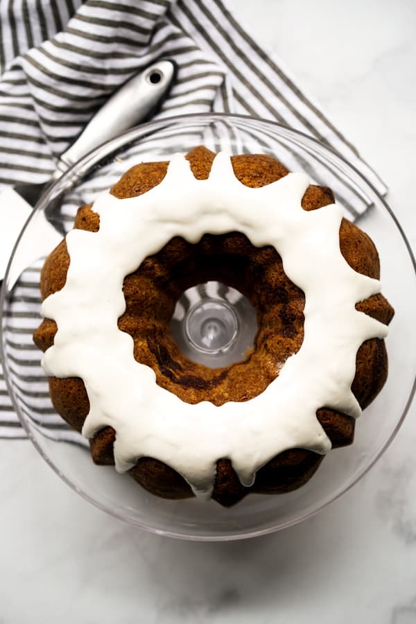 Top down view of Cinnamon Bundt Cake with Cream Cheese Icing