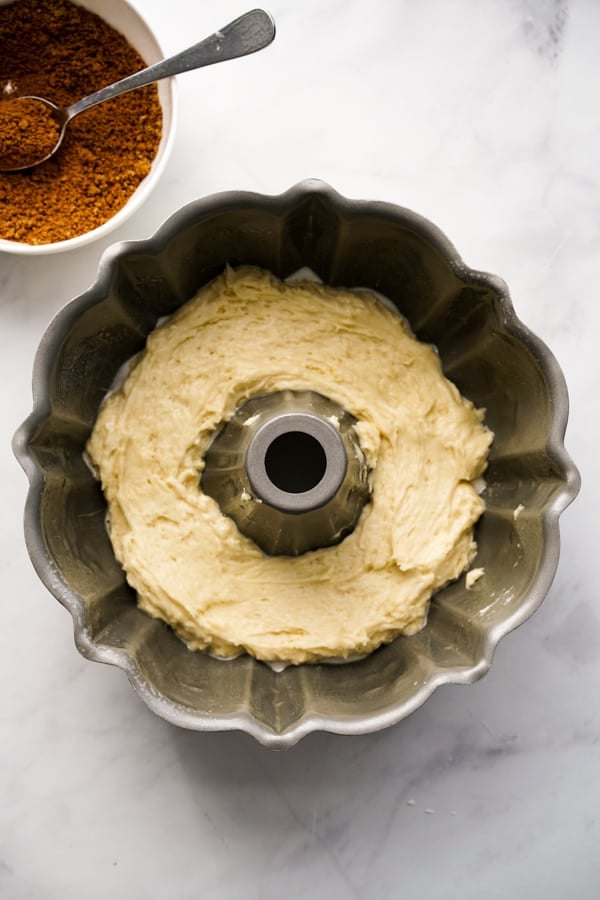 unbaked cake mixture in bundt pan