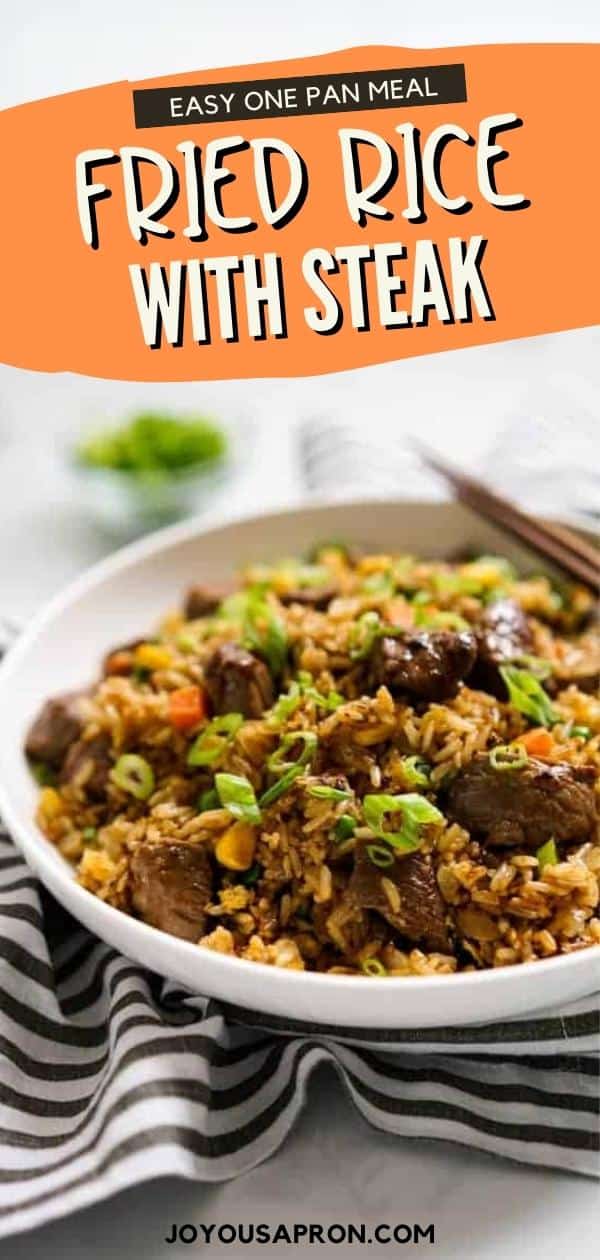 Steak Fried Rice - delicious Asian fried rice recipe with beef. Combines juicy, marinated steak pieces, rice and veggies. An easy and yummy one pan meal! via @joyousapron