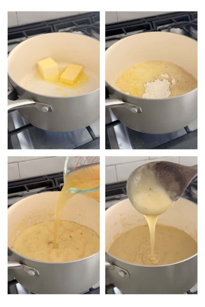 Melting butter in a saucepan, then adding flour, followed by chicken broth to form a thick gravy