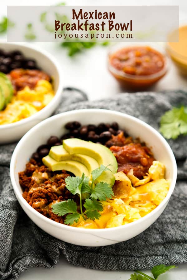 Mexican breakfast Bowl - easy and yummy Tex Mex breakfast and brunch. Egg, beans, salsa, black beans, avocado and tortilla chips, drizzled in chipotle ranch dressing via @joyousapron