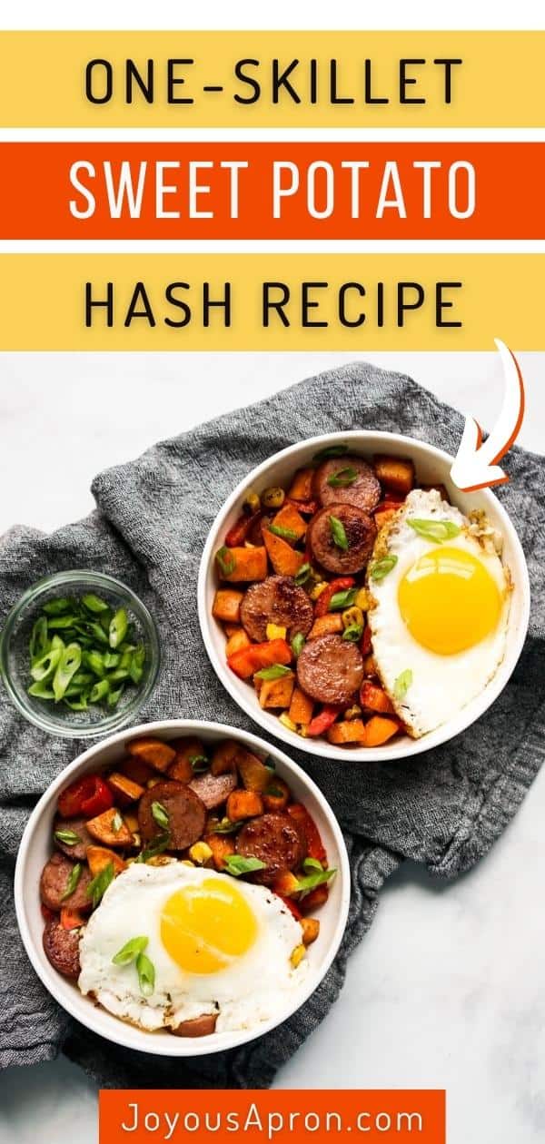 Sweet Potato Hash - A easy, 25-minute one-skillet meal for breakfast, lunch or dinner. Sweet potatoes and kielbasa, cooked with crunchy corn kernels and sweet bell peppers. Simple and oh-so-yummy! via @joyousapron