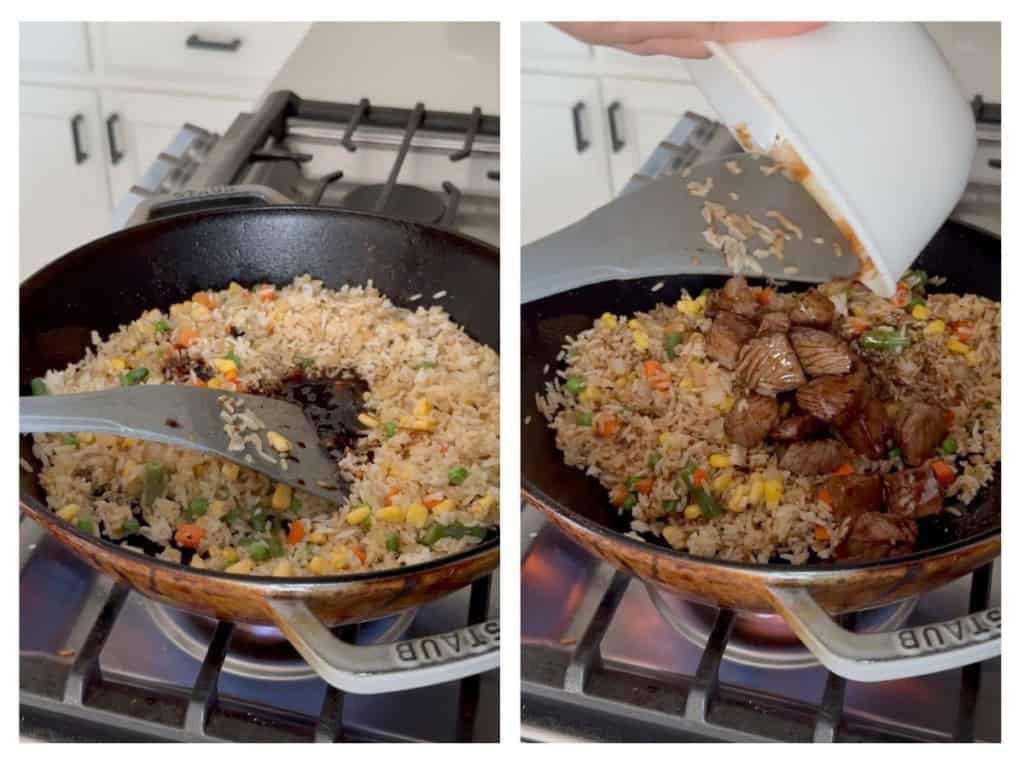 adding mixed vegetable and stir fry sauce into fried rice, then adding the steaks back in