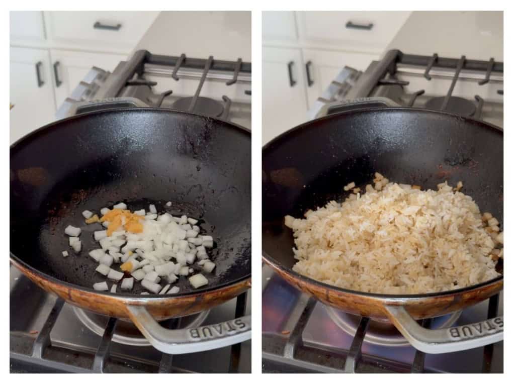 Minced garlic and onions in a wok, then rice is added