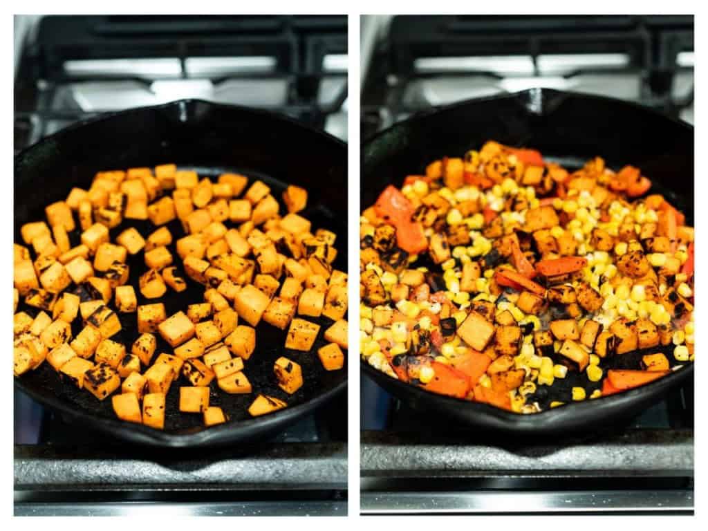 Pan frying just the cubed sweet potatoes in a skillet, then adding bell peppers and corn kernels.