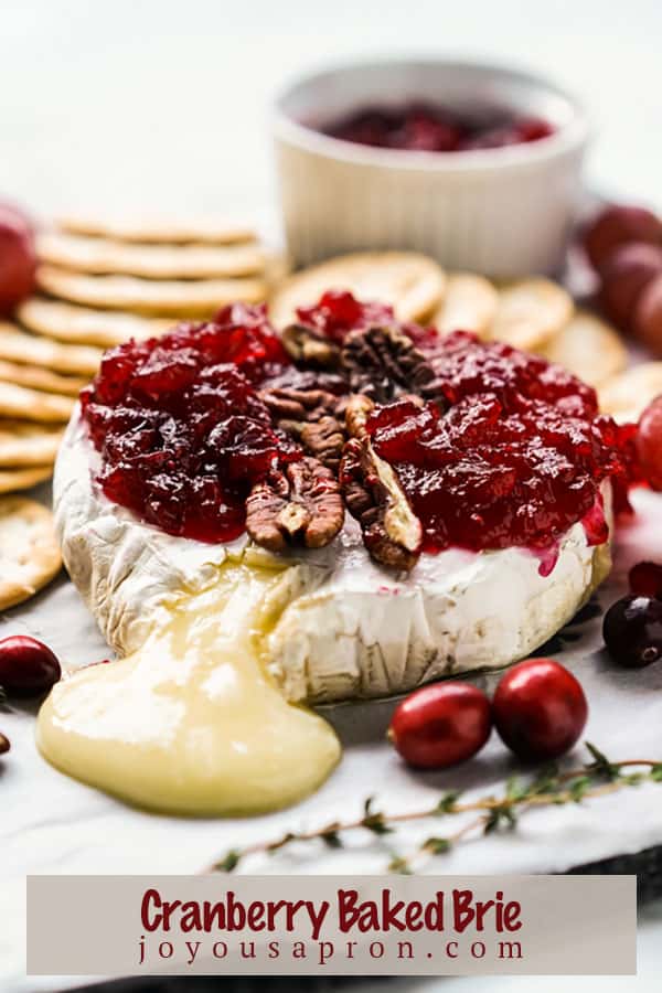 Cranberry Baked Brie - festive and easy holiday cheese appetizer! Baked brie cheese topped with cranberry sauce and pecans. Serve with crackers and fruits. Perfect for Christmas parties or Thanksgiving dinner. via @joyousapron