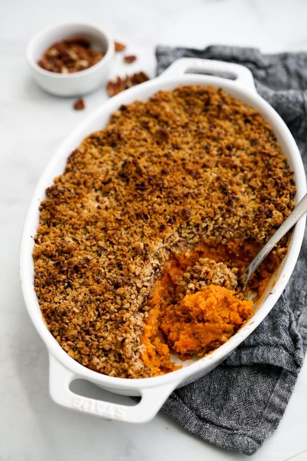 Sweet potato casserole with a pecan crumble 