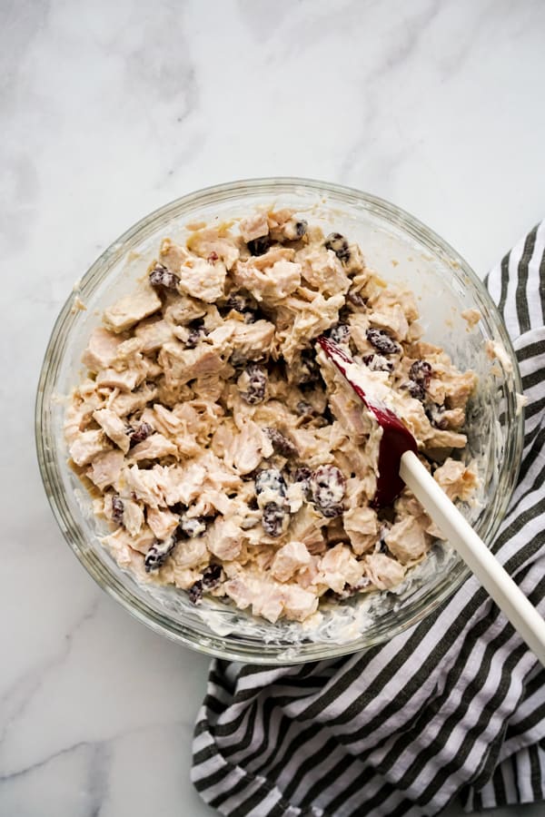 A bowl of Turkey Salad tossed with cranberries