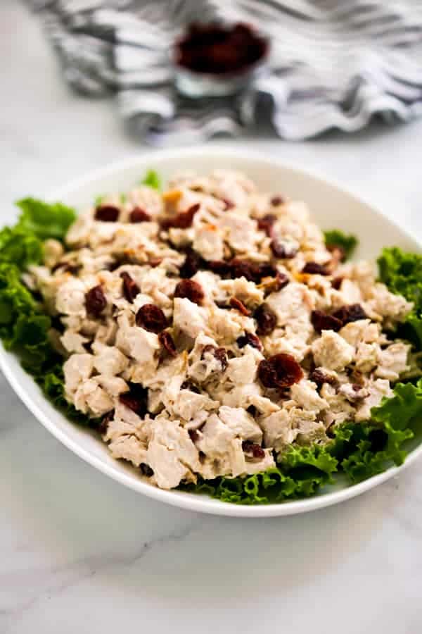 A plate of turkey salad tossed in mayo and cranberries