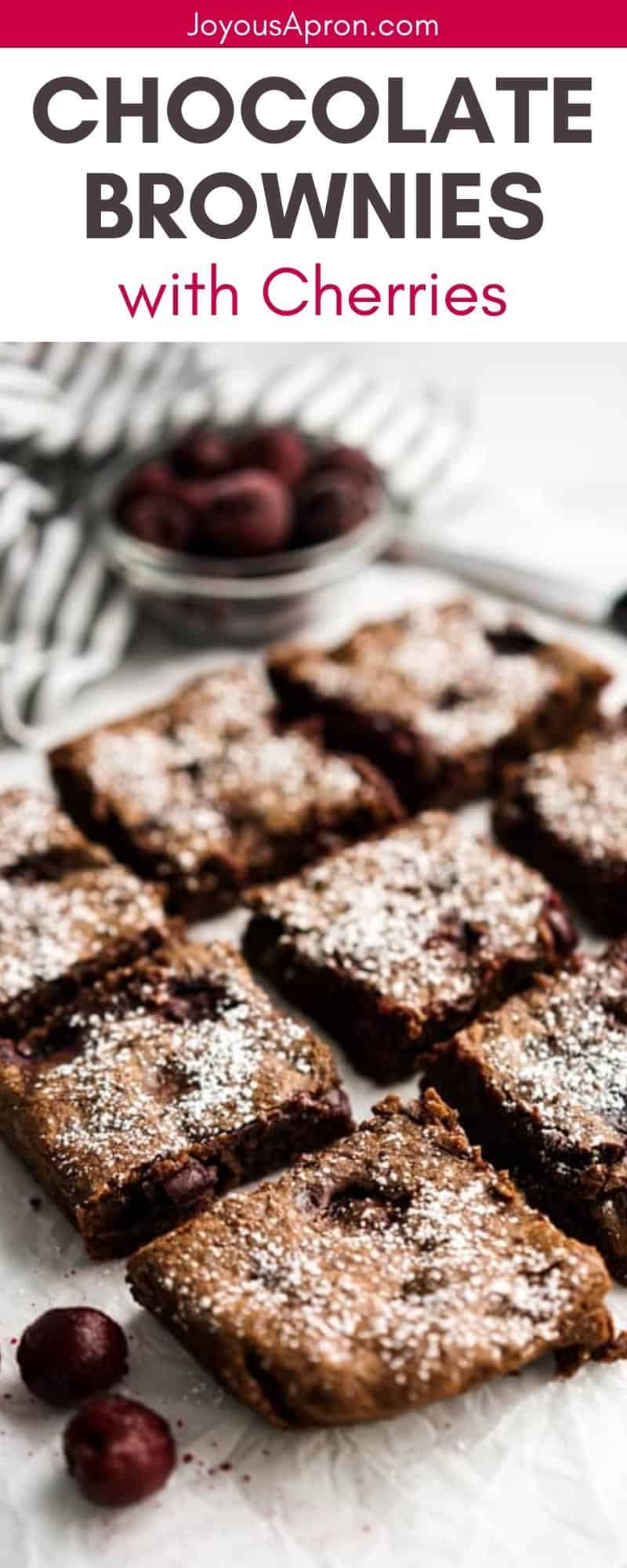 Chocolate Cherry Brownies - Fudge-y, rich and gooey chocolate brownies filled with juicy cherries, sprinkled with powdered sugar. A fun and festive dessert recipe! via @joyousapron