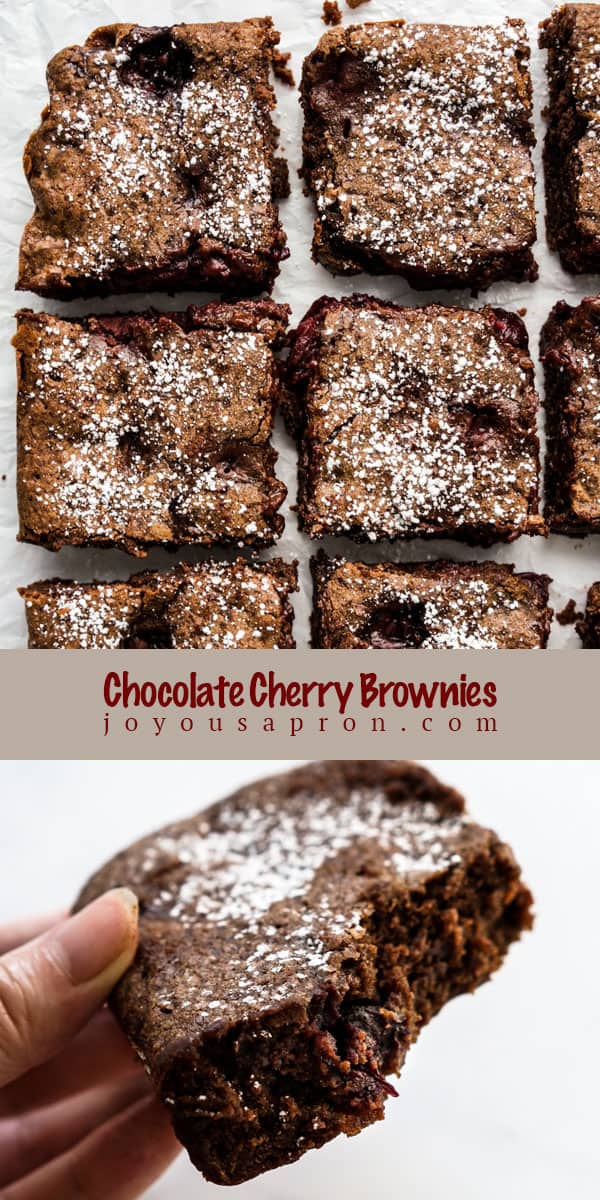 Chocolate Cherry Brownies - Fudge-y, rich and gooey chocolate brownies filled with juicy cherries, sprinkled with powdered sugar. A fun and festive dessert recipe! via @joyousapron