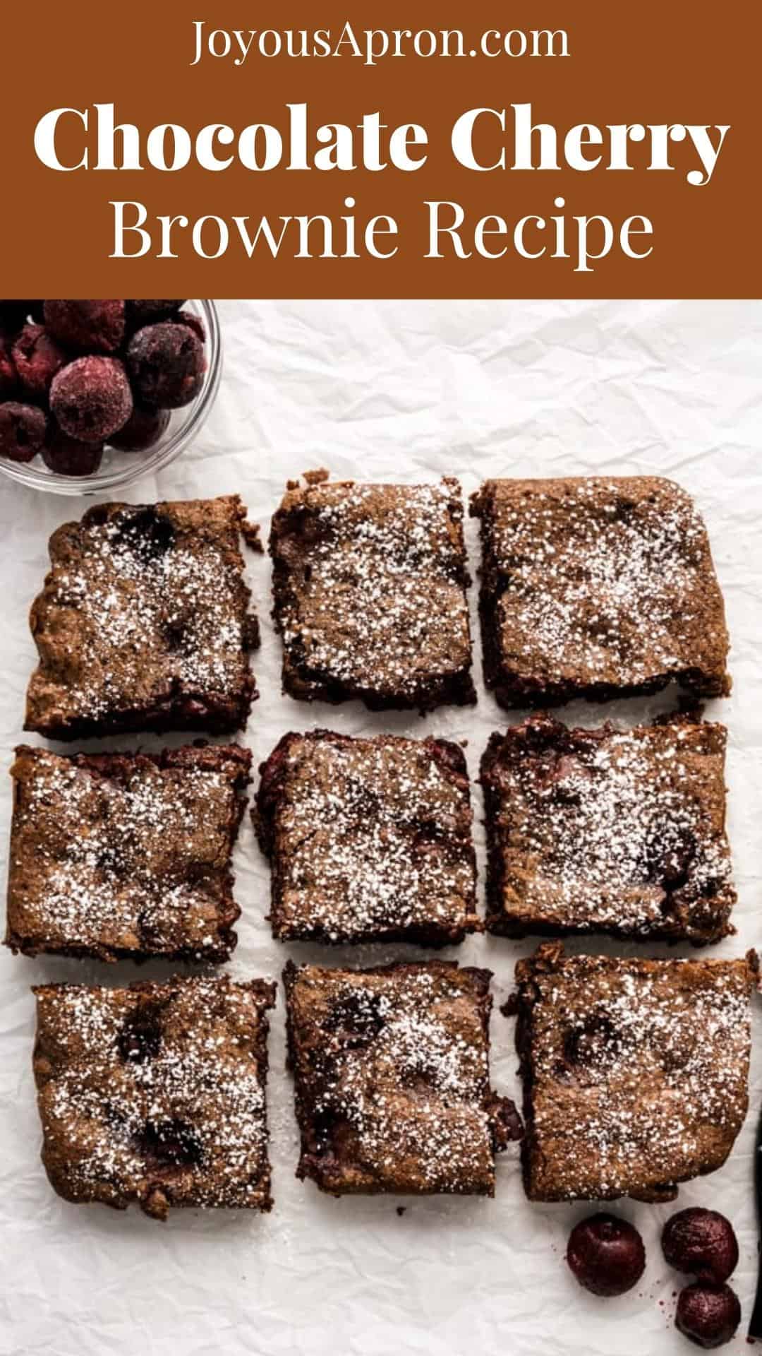 Chocolate Cherry Brownies - Fudge-y, rich and gooey chocolate brownies filled with juicy cherries, sprinkled with powdered sugar. A fun and festive dessert recipe! via @joyousapron